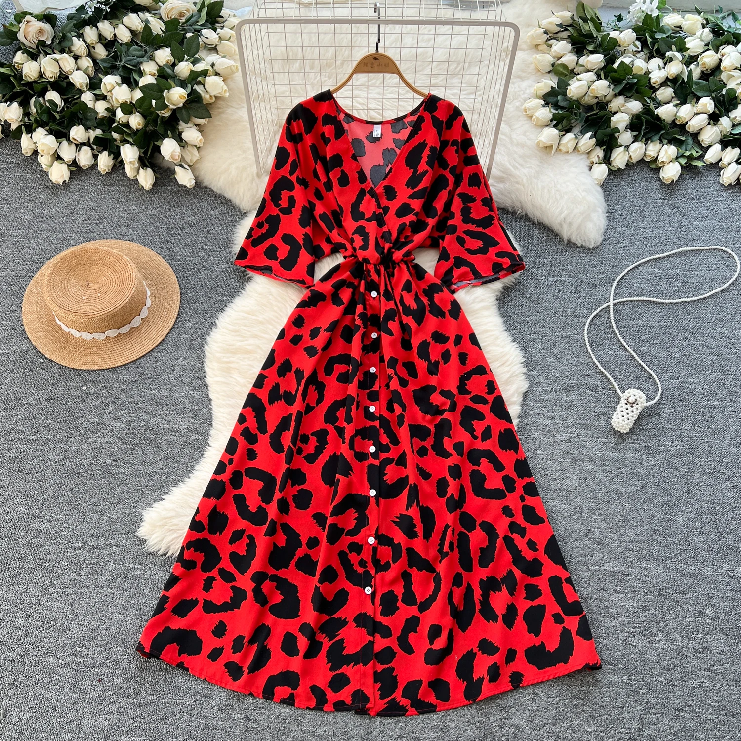 

Chic short sleeve V-neck Single Breasted print Elegant Korean Fashion Fairy Dresses Sexy High Waist A-line Vestidos Women Robe