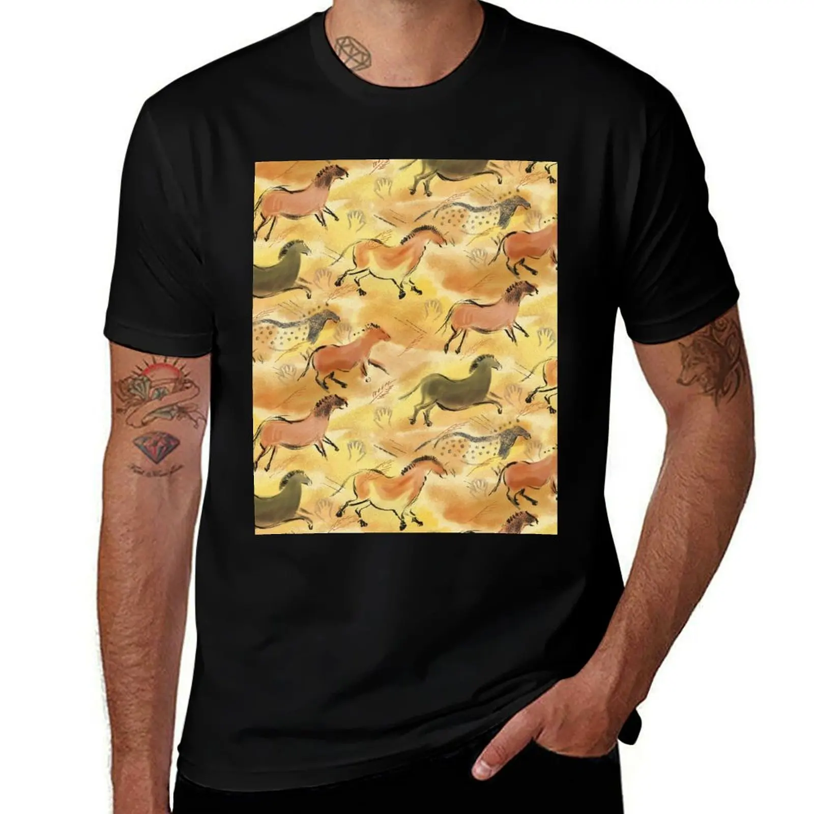 

Paleolithic Cave Horses in Sienna Brown Yellow and Black T-Shirt funny t shirts cotton t shirts for man graphic cars