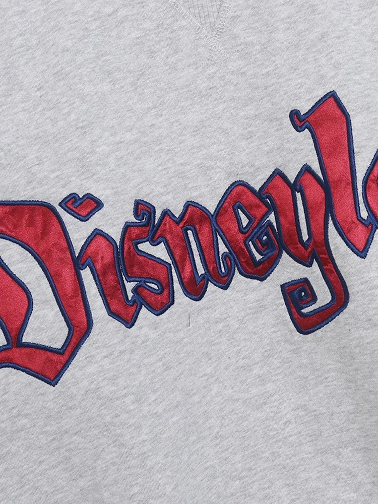 Disneyland Letter Print Embroidery Mickey Cartoon Fleece Sweatshirt Women O-Neck Pullover Long Sleeve Jumper Contrast Color Tops