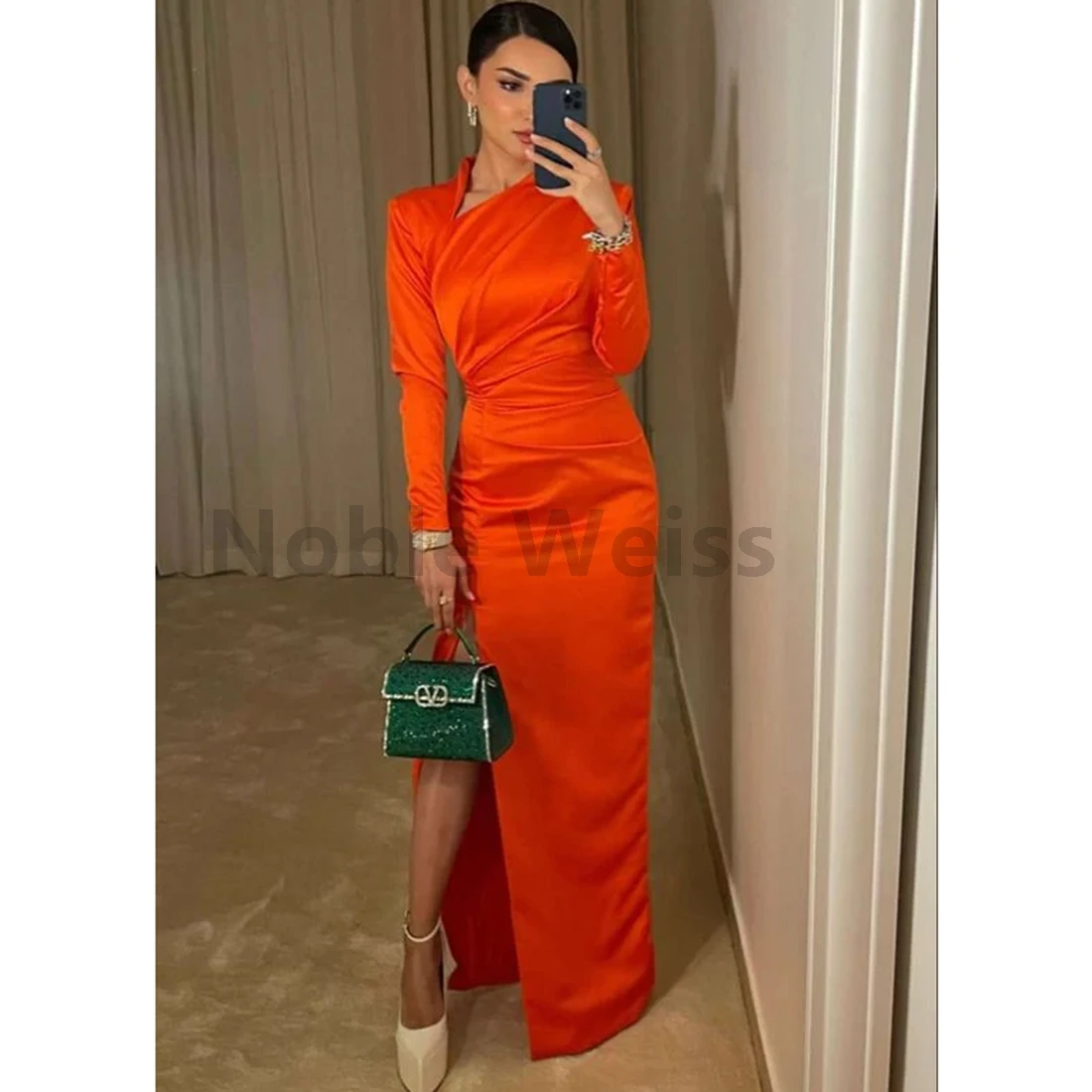 

Атласные платья русалки для выпускного вечера длиной до пола, вечерние платья с длинными рукавами и разрезом на заказ