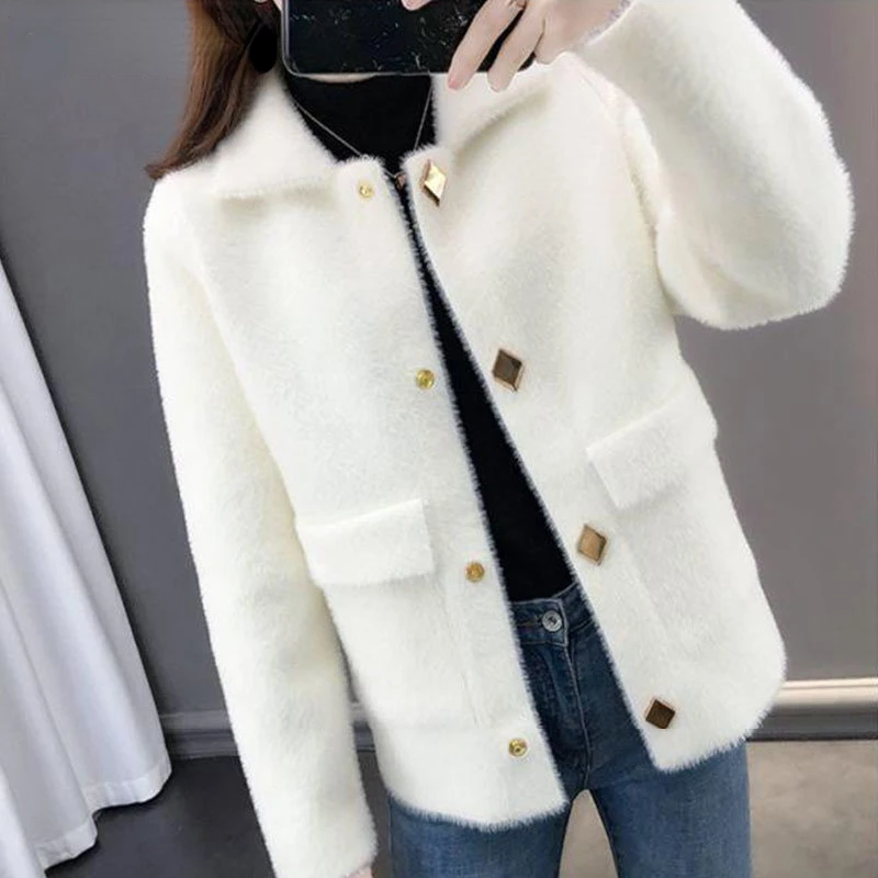 

Imitation Mink Coat Women's Knitting Cardigan Casual Loose Sweater Jacket Korean Warm Clothing In Autumn and Winter Outwear Top