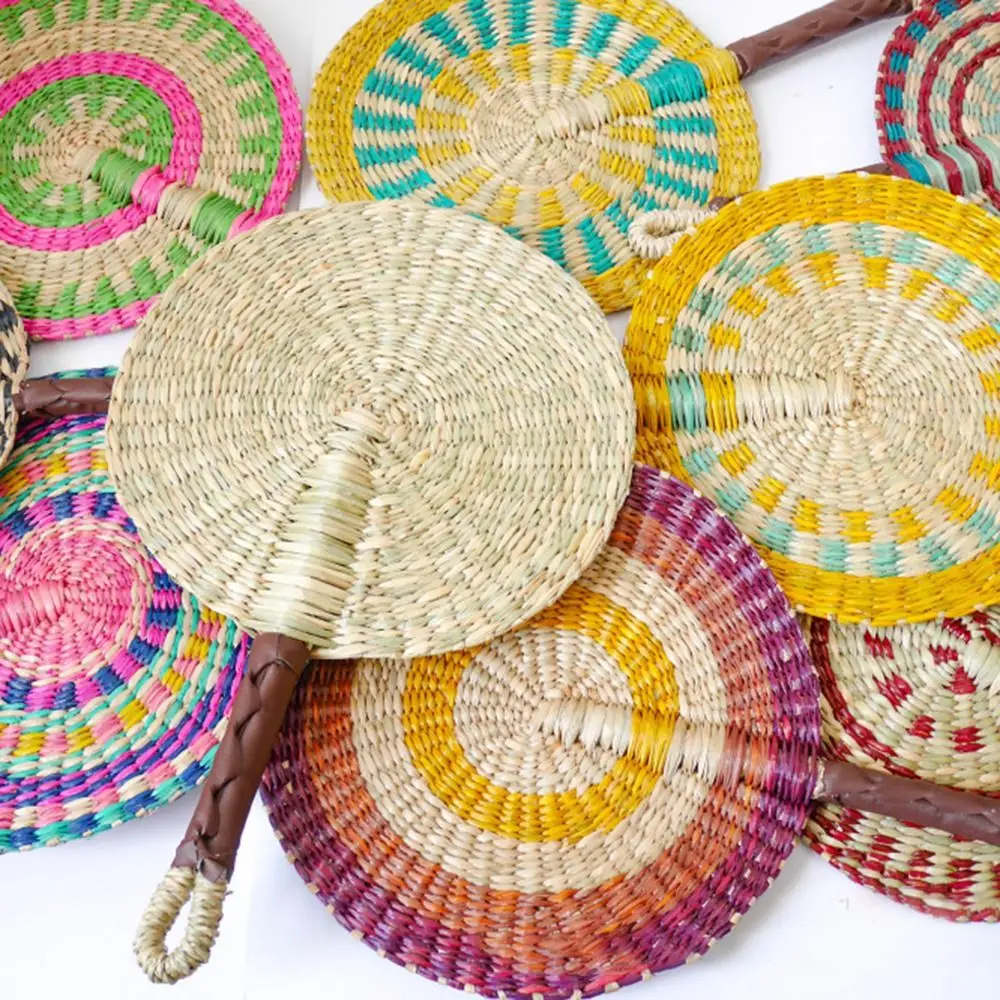 Colorful Striped Patterns Seagrass Woven Fan Vintage Anti-Mosquito Hand Braided Fan Natural Portable Cattail Fan School/Office