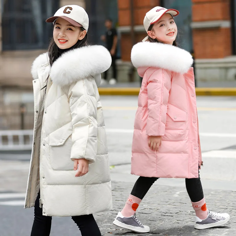 Winter Warm Girls Plain Detachable Fur Two-Way Zip Long Puffer Jackets School Kids Hooded Down Coats Child Outfit Parka 5-14 Yrs