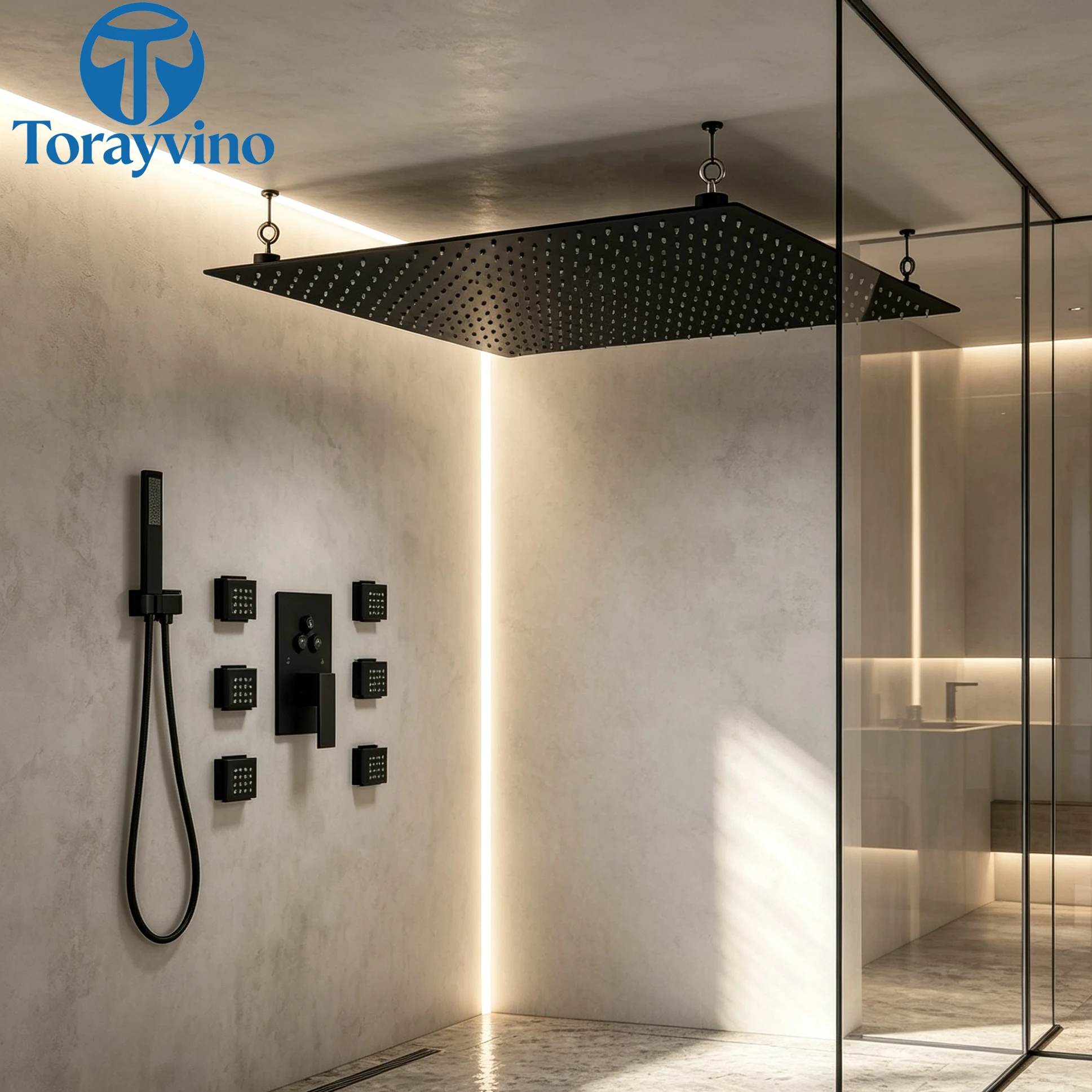 Torayvino Luxury Bathroom Large Waterfall Black Shower Faucet System Set Outdoor 3-Functions 20