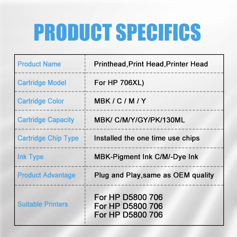 Per HP 706 F9J49A testina di stampa 130ML Univerisal HP706 testina di stampa con Chip per stampante HP DesignJet D5800 Plug And Play testina di stampa