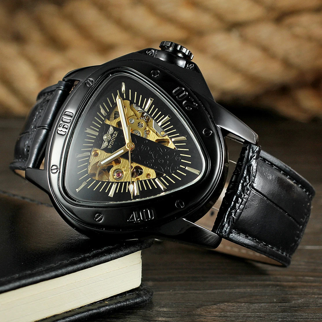 WINNER Original Factory Triangle Steel Skeleton Man Watch Automatic Movement Mechanical Clock Military Sports Male Wrist Watches