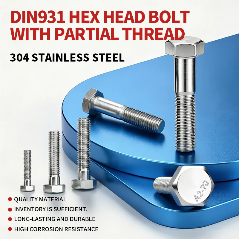 304 Stainless Steel Hex Head Cap Screws DIN931 Partial Half Thread Hex Bolts M6 M8 M10 M12 M14 M16 Industrial Fasteners