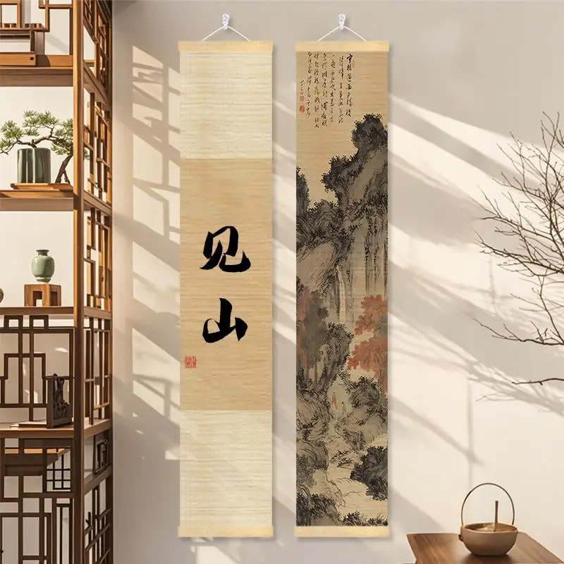 Bamboo Scroll Wall Art Chinese Ink Painting The Mountain Calligraphy Zen Decor Set Tatami Room Tea Ceremony Living Room Entryway