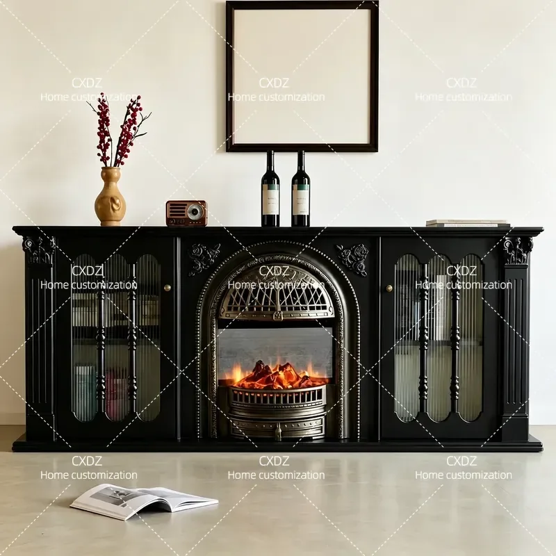 French light luxury solid wood fireplace TV cabinet, retro carved simulated fire fireplace living room decorative storage