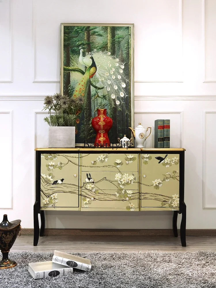 Light luxury new Chinese-style living room decoration entrance painted solid wood end-view cabinet