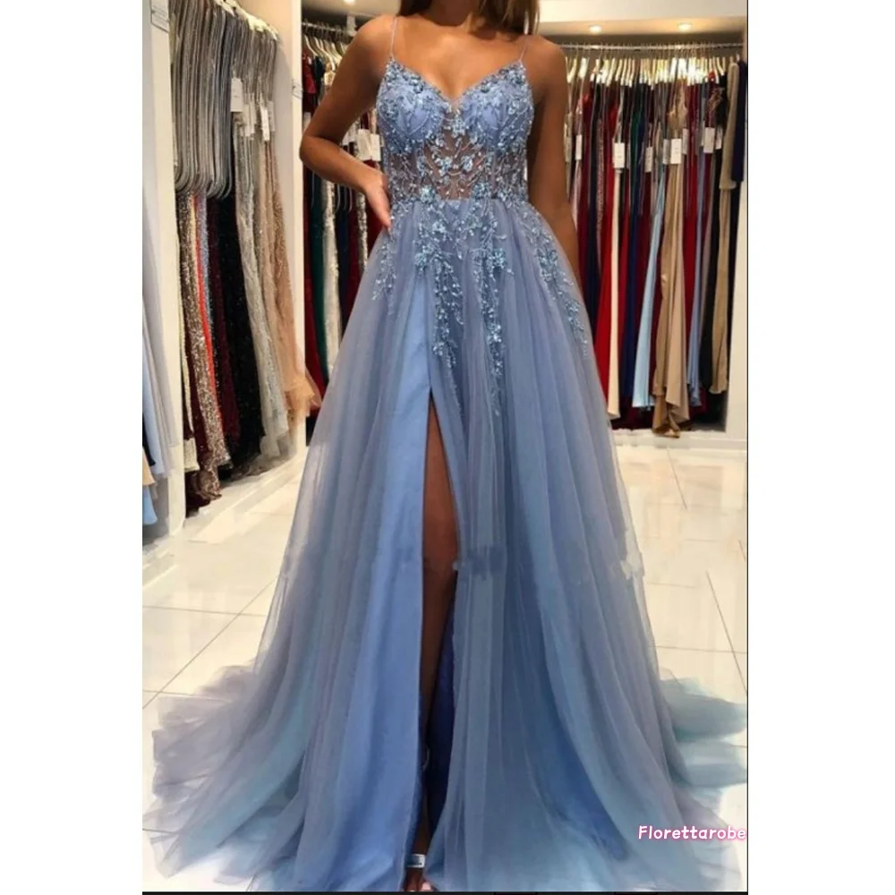 

Customized Illusion Sequins Appliques Evening Dresses V-Neck A-Line Prom Dress Train High Split Gowns Sexy Spaghetti Straps