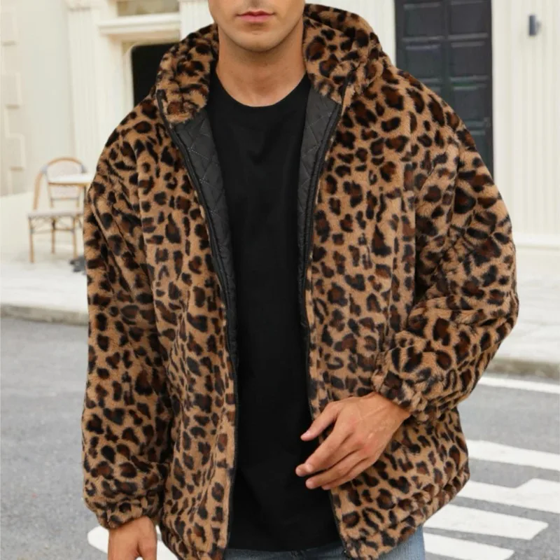 Giacca da uomo con cappuccio leopardata in pelliccia sintetica Top Capispalla Pelliccia Soffici addensare Cappotti Giacca 2025 Giacche invernali calde Cappotti Top retrò