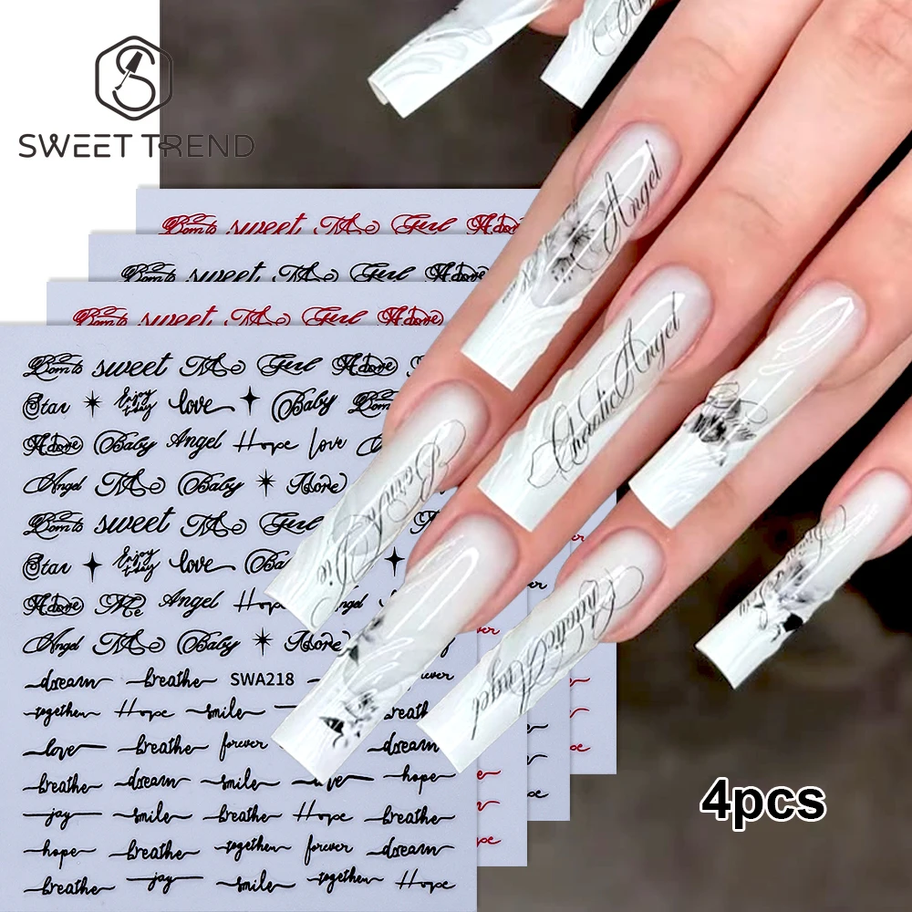SWEET TREND-4pcs Black Red Gothic Letters Nail Art Stickers 3D Self-Adhesive Black Letter Words Nail Decals Manicure Supplies