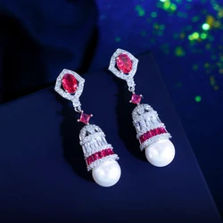 ThreeGraces Elegant Sparkling Zirconia Bell Shaped Long Simulated Pearl Earrings for Women Wedding Bridal Party Jewelry E1966
