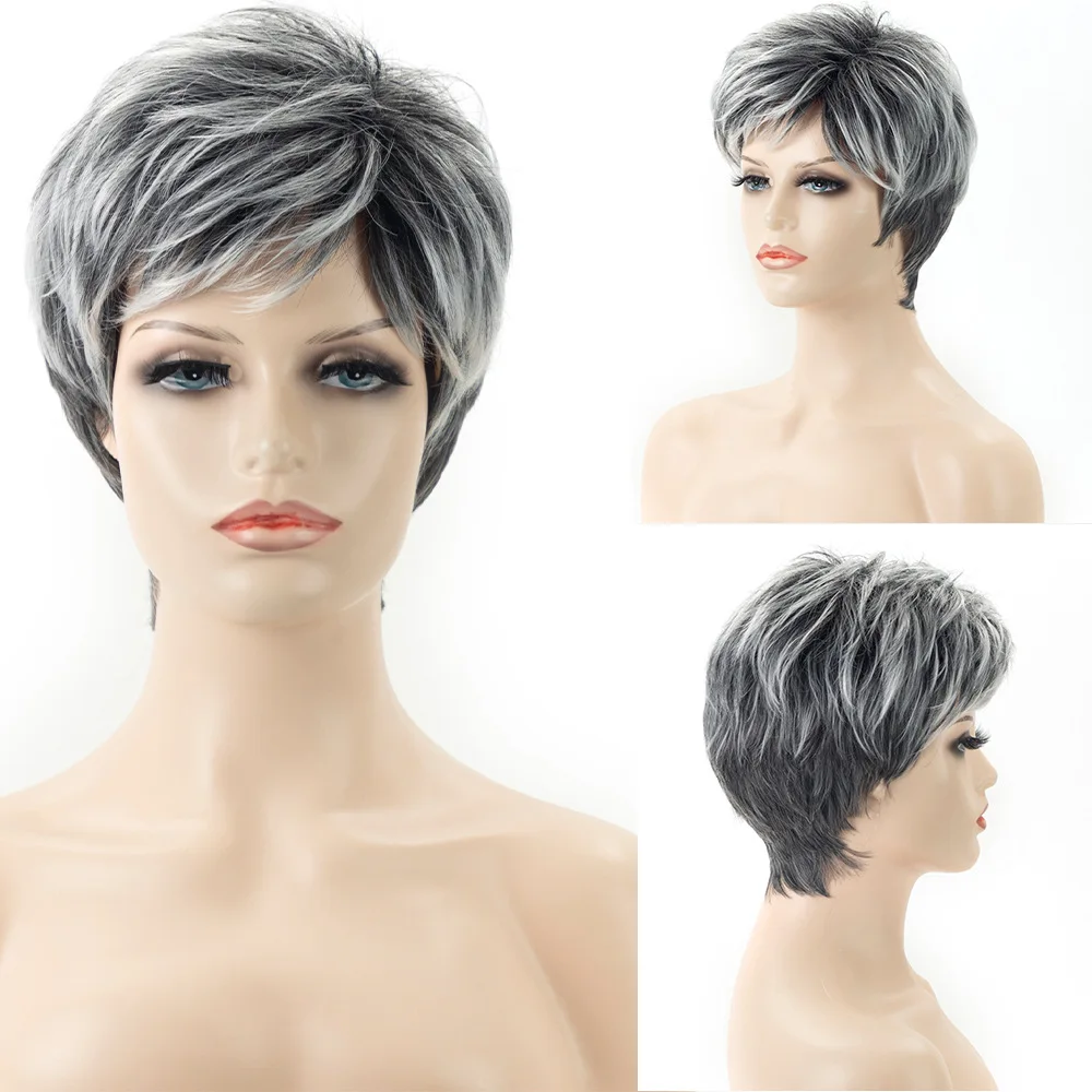 

New European beautiful woman short straight hair gray gradual change wig chemical fiber rose mesh wig cover