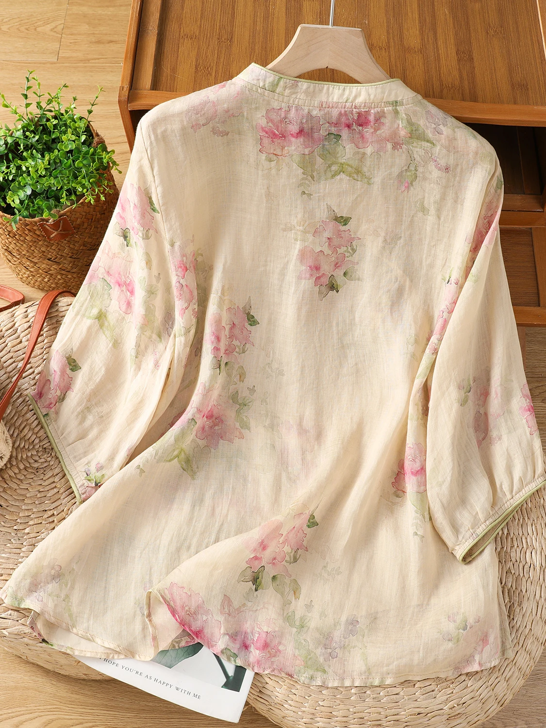 Sottile cotone e lino irt da donna di grandi dimensioni Five Sve stampato colletto alla coreana costume da tè bottone superiore artistico casual estivo