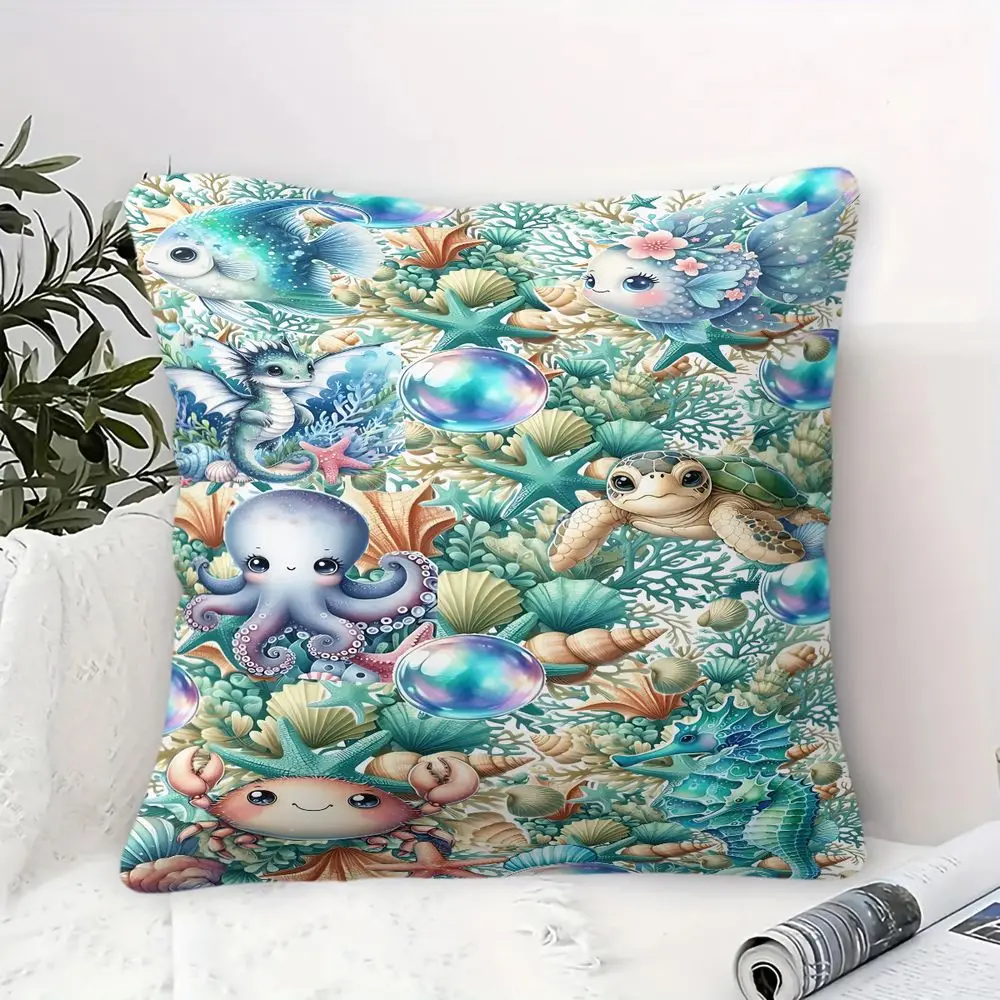 Throw Pillow Cushion Accent Pillow 45×45cm Includes Pillow Core Watercolor Ocean Creature Print for Adult Living Room Sofa Decor