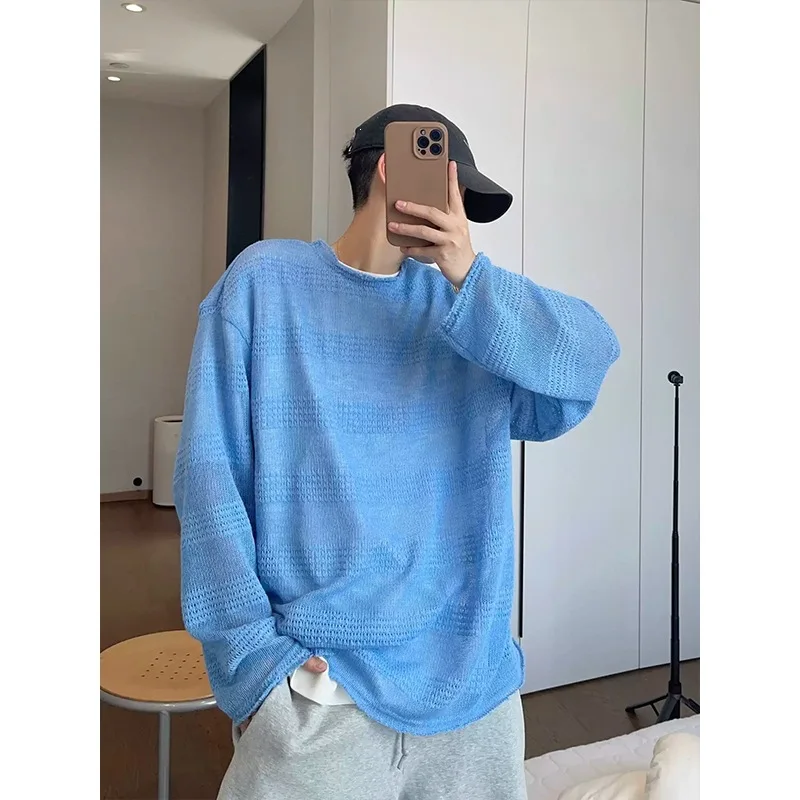 

Spring and Summer Vacation Lazy Wind Ice Blue Jacquard Mesh Perspective Thin Long-sleeved T-shirt Men