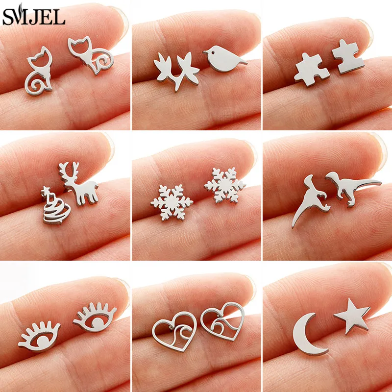 Unique Stainless Steel Stud Earrings Small Snowflake Eyes Jigsaw Dinosaur Earring for Women Star Moon Studs Personality Gift