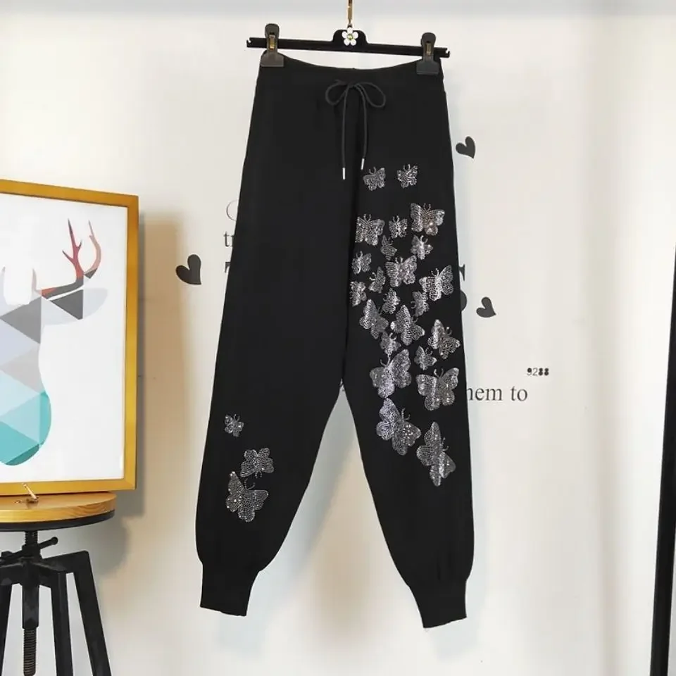 Pantalones de cintura alta para mujer, pantalón holgado con patrón de mariposa, diamantes de imitación, Harem negro, primavera y otoño, novedad de 2021