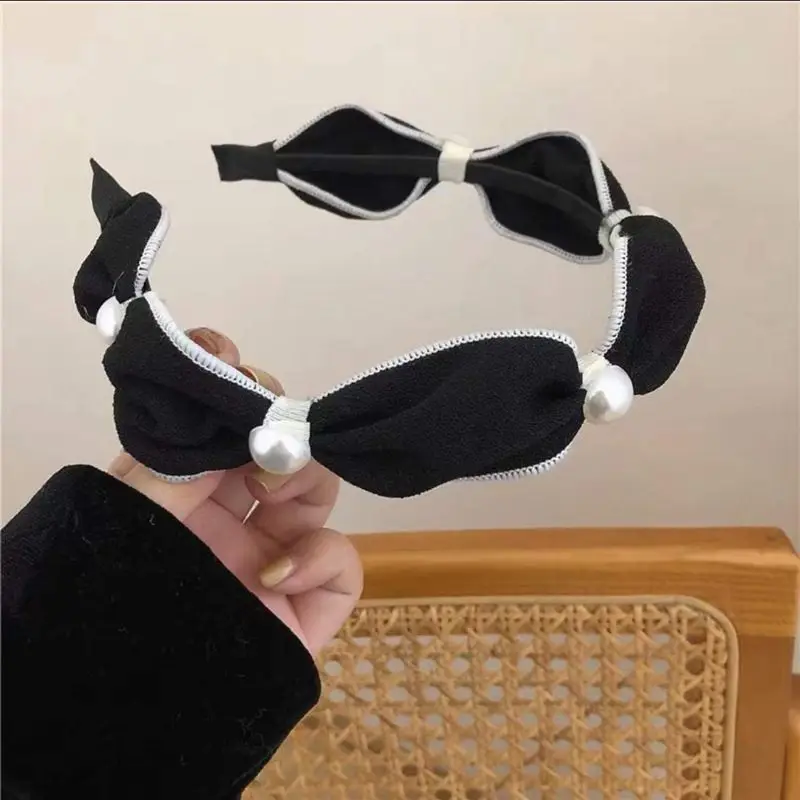 Diadema de terciopelo negro Vintage para mujeres y niñas, diadema con lazo de perlas, banda de aro de pelo de giro ancho, accesorios para el