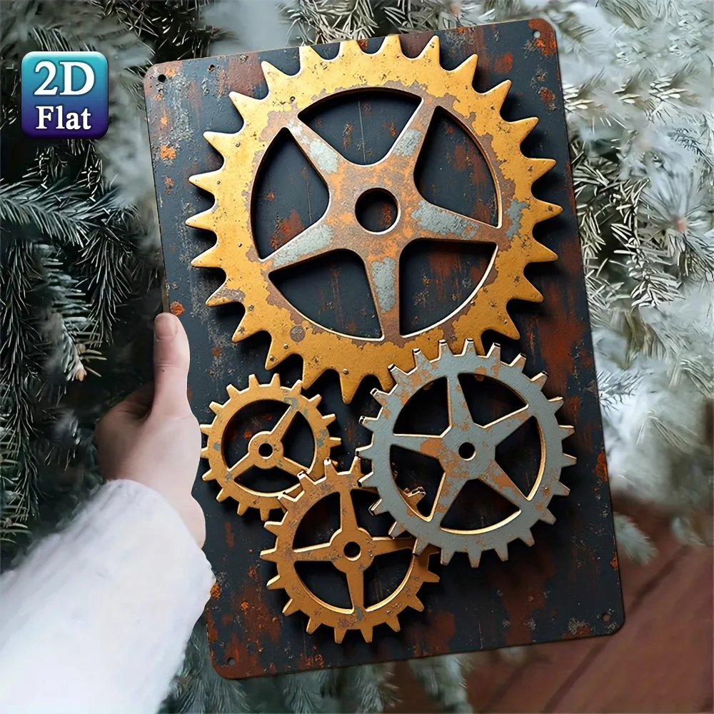 2D Flat Retro Steampunk Gear Metal Wall Sign 8x12Inch, Bohemian Rustic Tin Plaque with Mechanical Gear Pattern, Easy Mount for L