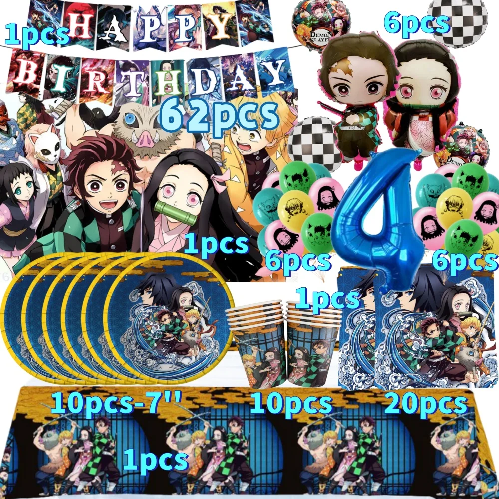 

62pcs Demon Slayere Theme Happy Birthday Party Decoration Kimetsu No Yaiba Foil Balloon Set Backdrop Banner Decorativ Topper Toy