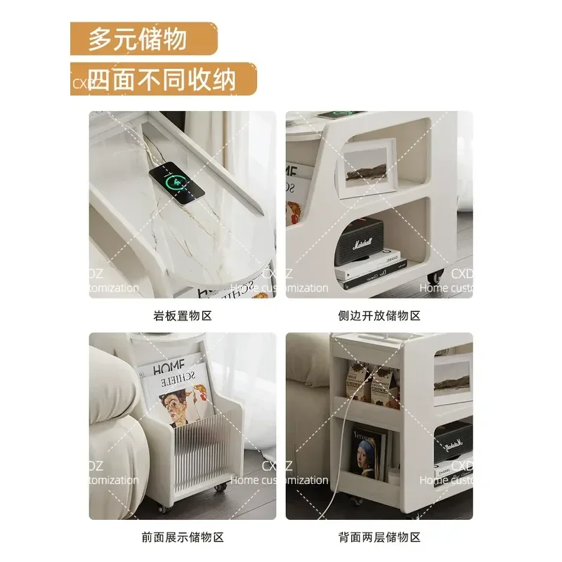 Hetu French cream wind rock slab sofa side table small living room rechargeable side cabinet mobile coffee table mini tea