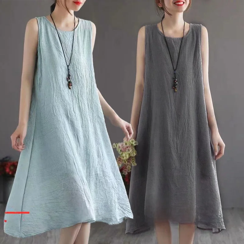 

Летнее свободное платье-сарафан из хлопка и льна для женщин среднего и старшего возраста, художественное, свободного кроя, длинное, скрывающее недостатки фигуры