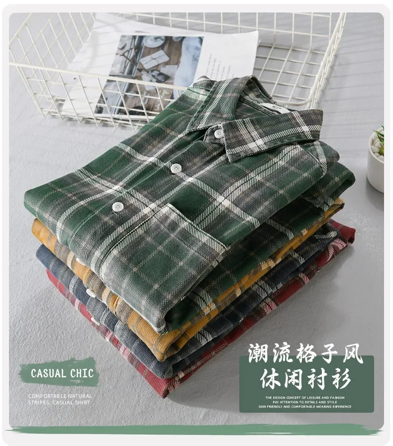 

Клетчатая рубашка в корейском стиле, мужская рубашка с длинным рукавом, весна-осень, с лацканами и карманами, повседневная рубашка из чистого хлопка на пуговицах, мужская винтажная рубашка, комфортная