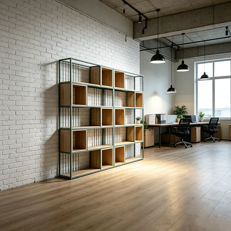 Living room floor-to-ceiling bookshelf green wrought iron shelf simple office study whole wall