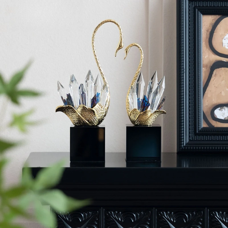 Artistic Swan Ornament Hand-Inlaid Decor Accessory Full Copper High Clarity Crystal Housewarming Festival Gift Ornament