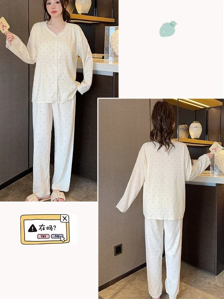 5XL Pigiama primaverile con stampa di grandi dimensioni Donna Coreano Nuvola Cotone Sleepwearl Maniche lunghe Pettorina Cardigan Pantaloni Abbigliamento esterno