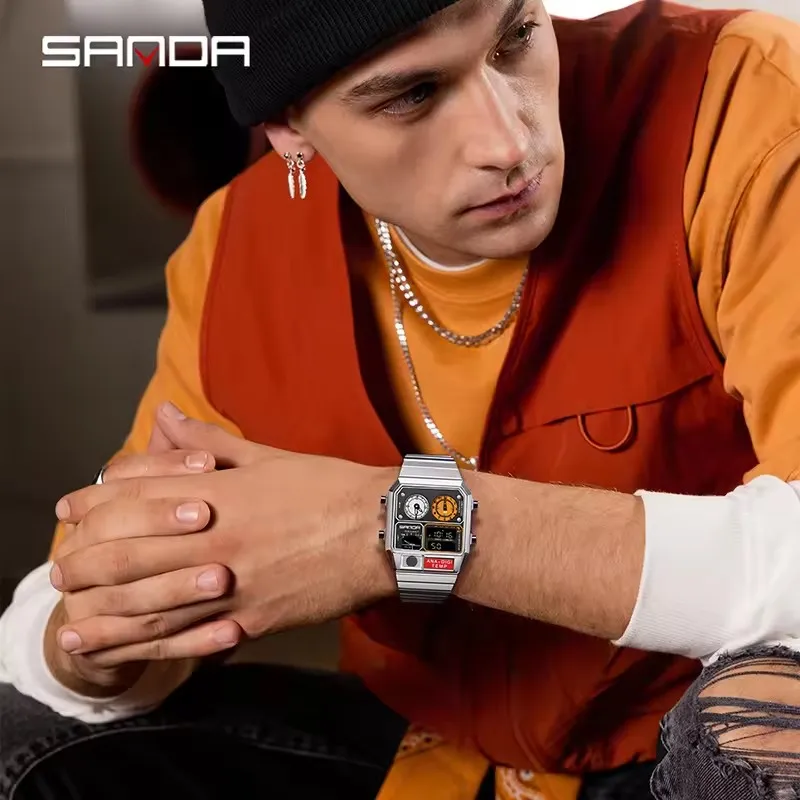 SANDA 3192 Men's Electronic Watch Square Stainless Steel Temperature Measurement Stopwatch Timing Multi functional Watch