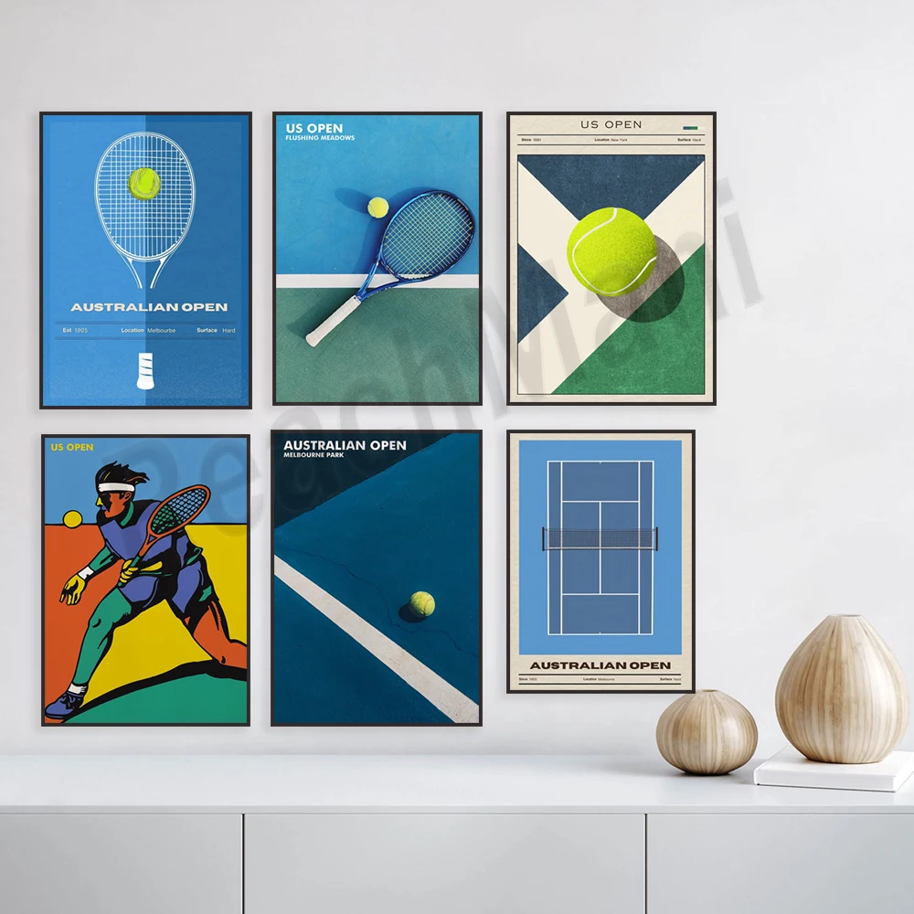 Tennis poster, US Open, Australian Open Melbourne Park tennis poster, tennis racket and court art print tennis gifts, home decor