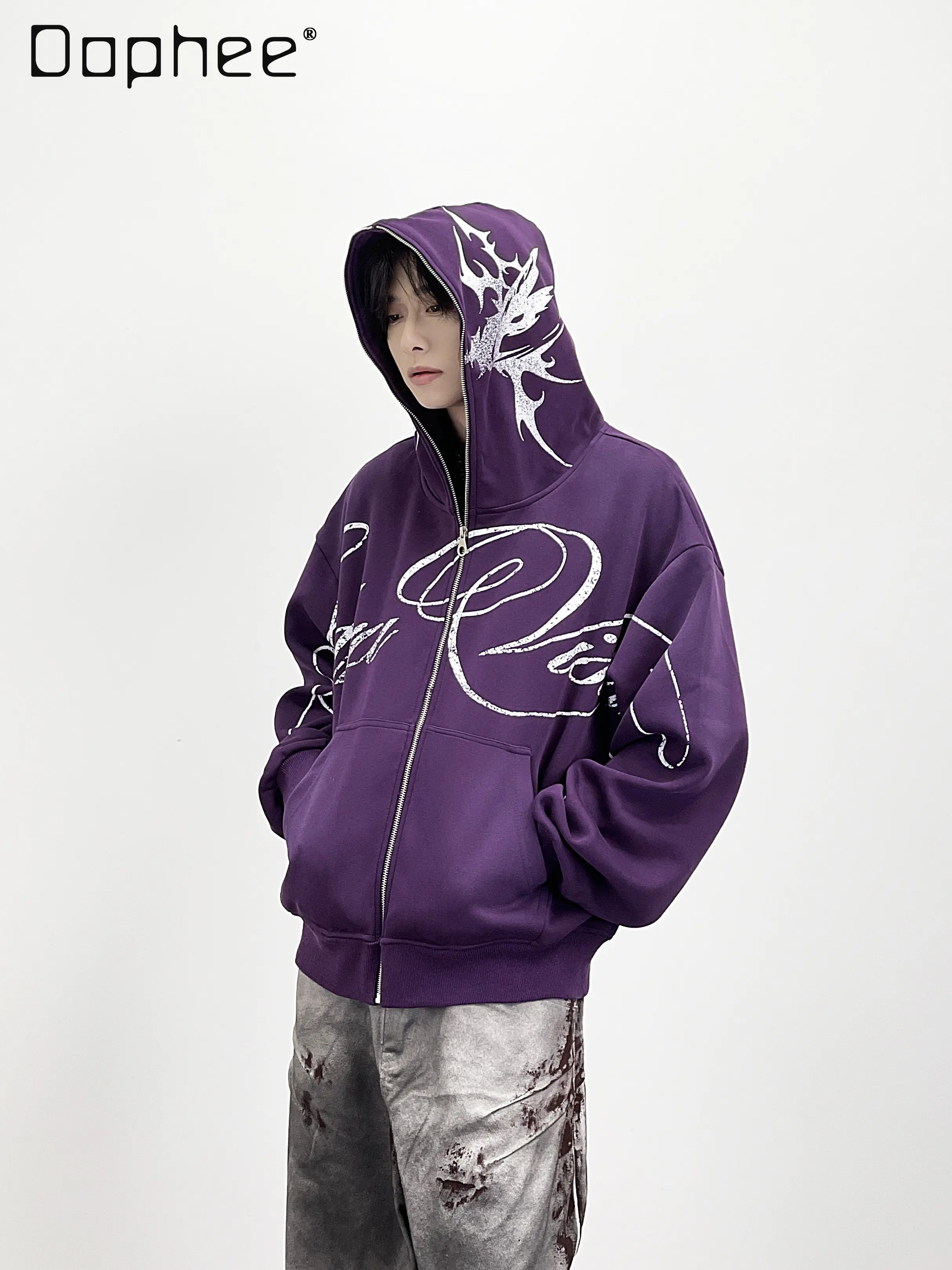 

Spring Autumn New Subculture American Street Style Graffiti Print Purple Hoodie Men's Loose Cool Casual Black Cardigan Jacket