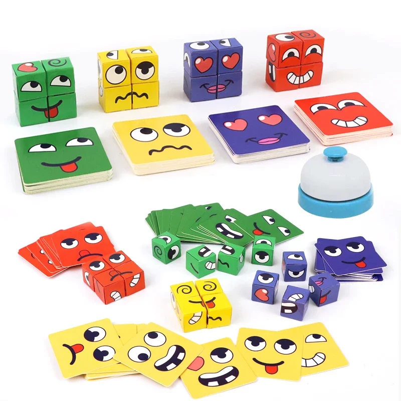 

Kids Face Change Expression Puzzle Building Blocks Montessori Cube Table Game Toy Wooden Educational Toys for Children Gifts