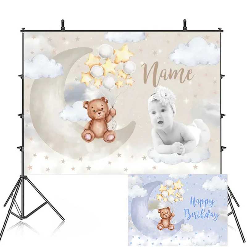 Happy Christening Baptism Birthday Party Backdrop Photography Baby Shower For Cute Bear Twinkle Background Banner Custom Text