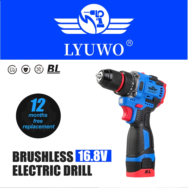 LYUWO 16V Brushless Cordless Drill 70N.m Self-locking Chuck Electric Screwdriver 20+1 Torque Settings 2-Speeds Power Tools