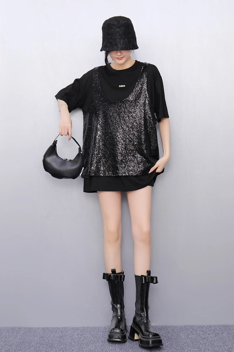 2025 verano nuevo estilo coreano moda mujer lentejuelas camisetas sueltas mujer manga corta Top al por mayor J991