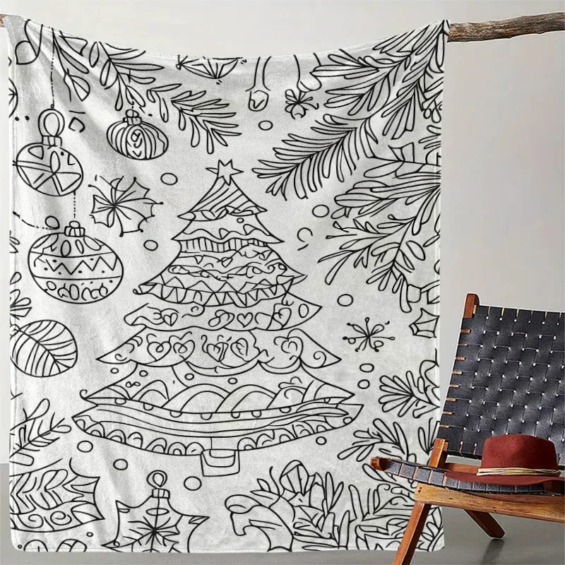 1pc Fluffy Throw Blanket, Hand Drawn Line Art Christmas Tree Print, Warm Blanket for Sofa Bedroom, Camping Decor Gift