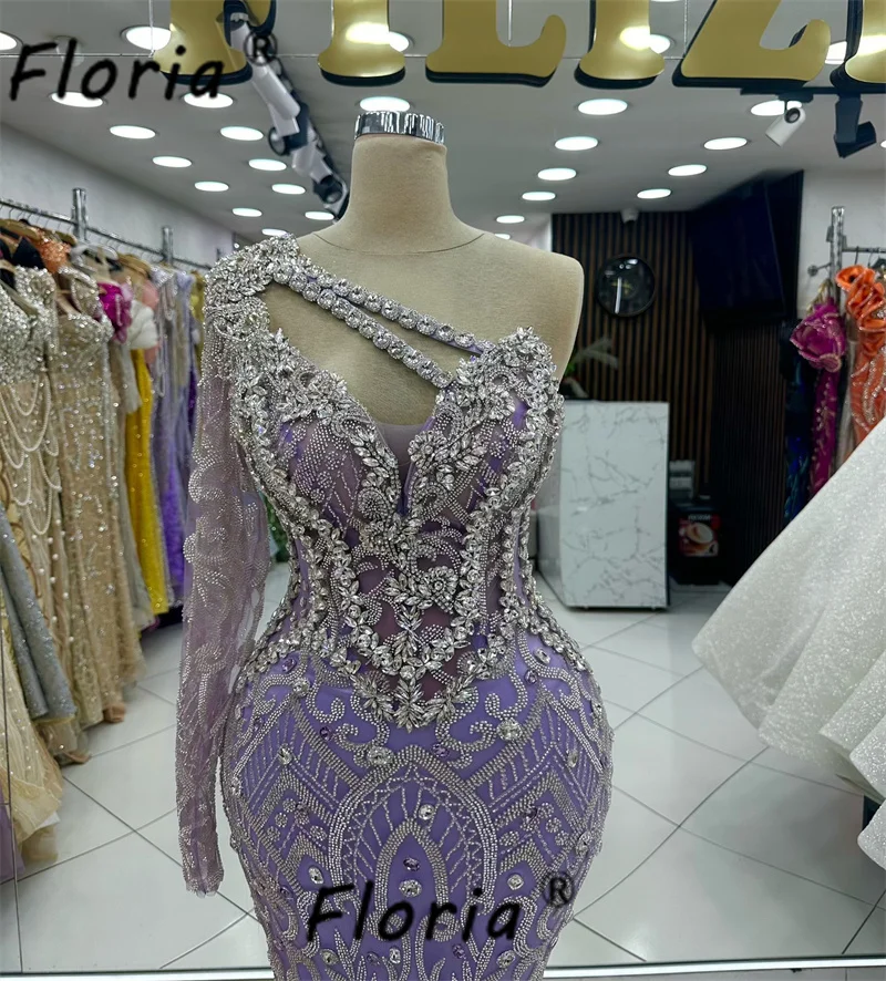 Lilac Elegant Mermaid Evening Dress Arabic Crystal Beaded Wedding Engagement Party Gowns One Shoulder Celebrity Formal Dresses