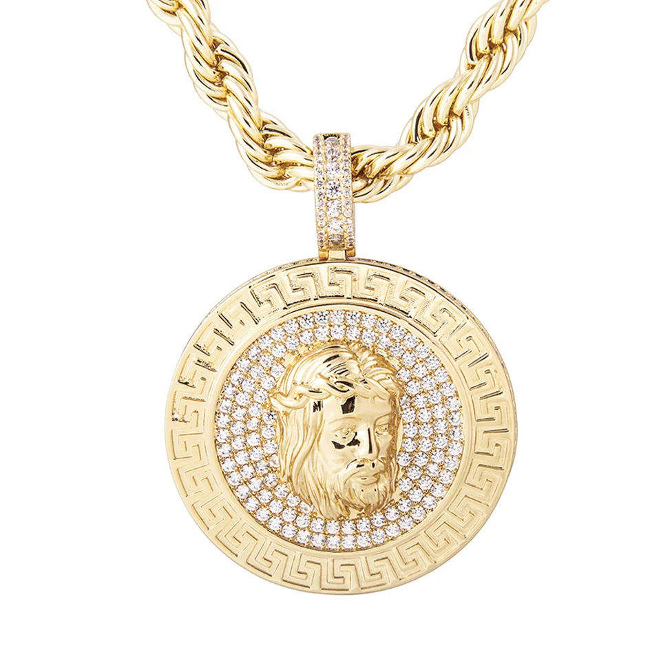 VANAXIN Iced Out Round Men's Religious Christ Pendant Jesus Necklace Gold Plated Hip Hop Cubic Zirconia Streetwear Accessory