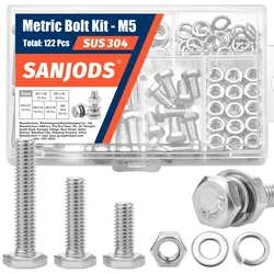 M4 M5 M6 Metric Bolt Kit Stainless Steel Assortment Set with Hex Head Bolts Nuts Flat & Lock Washer for DIY Home Industrial Use