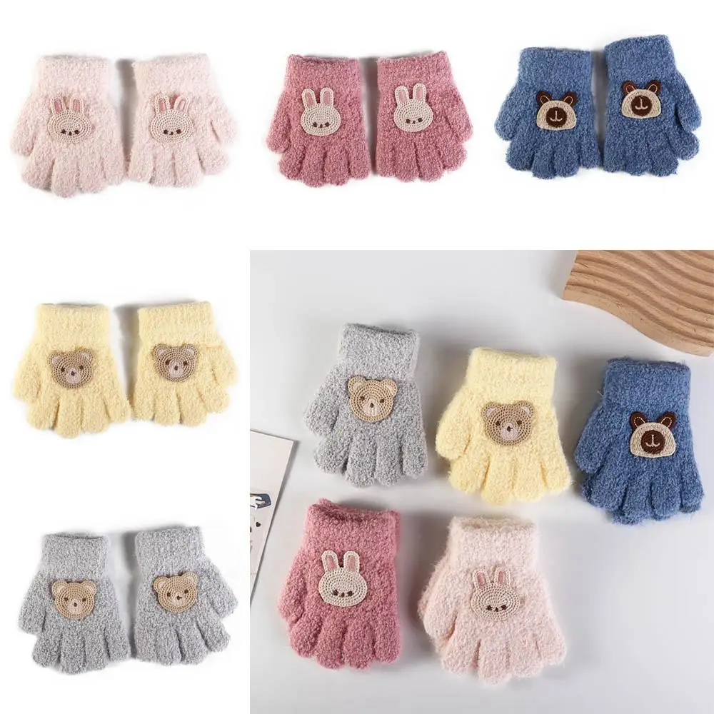 Fashion Bear Baby Fluffy Gloves Flower Rabbit Cartoon Pattern Gloves Full Finger Solid Color Knitted Mittens Girls