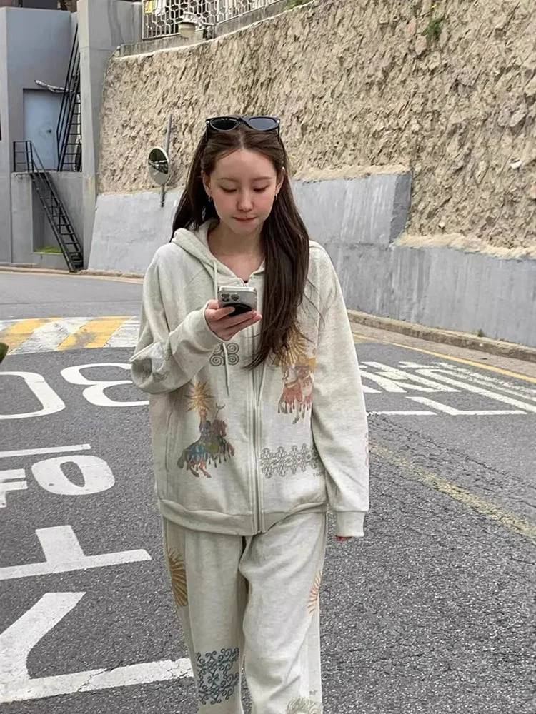 Digital Print Hooded Zipper Sweatshirt Women's Set Casual Loose Fit Spring Collection Velvet Material Comfortable Pants