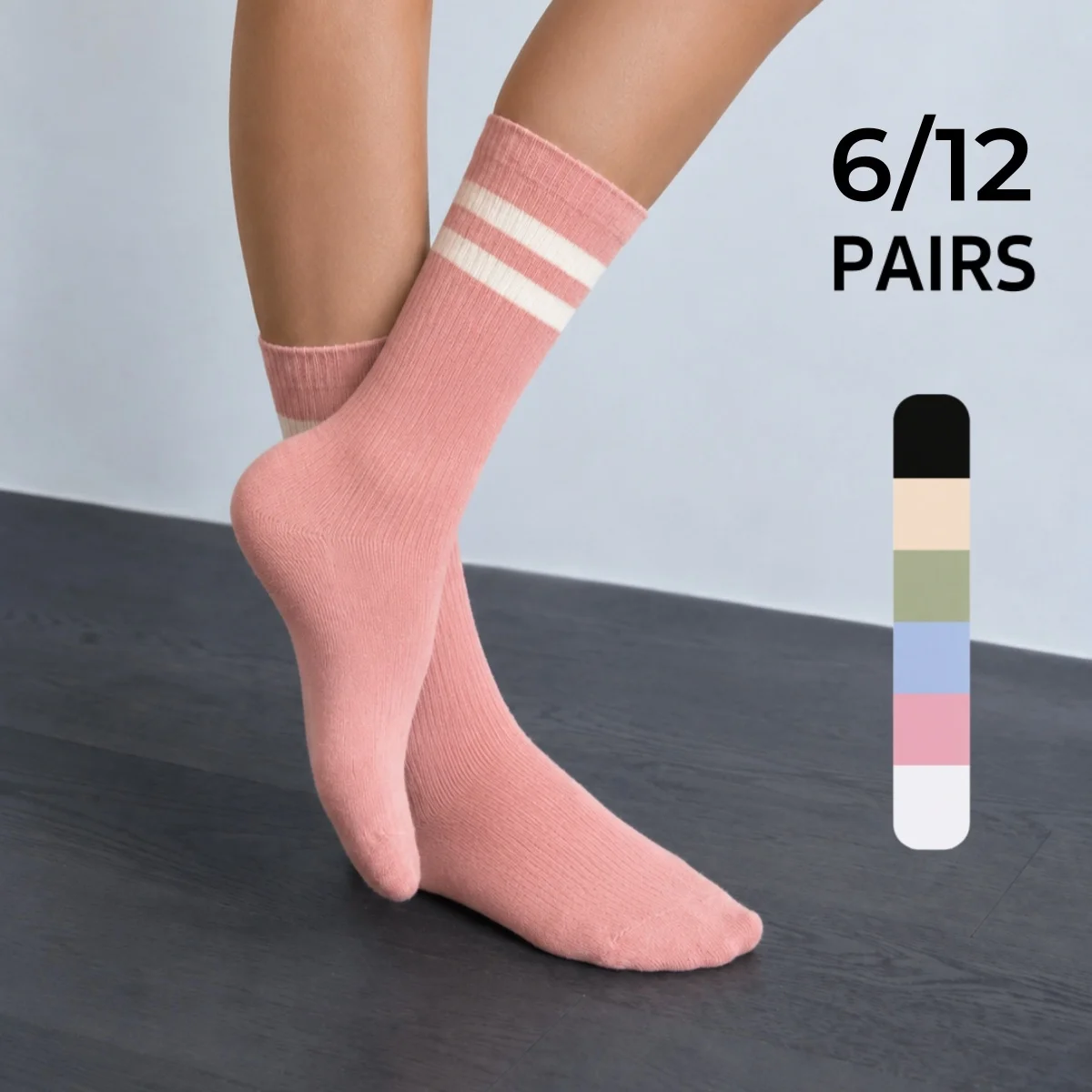 6/12 Pairs of Multi-Colored Women's Mid-Calf Socks, Sweet Pink Striped Breathable Spring Versatile Student Slouch Socks, Comfortable, Breathable, Moisture-Wicking for Spring, Summer, and Autumn