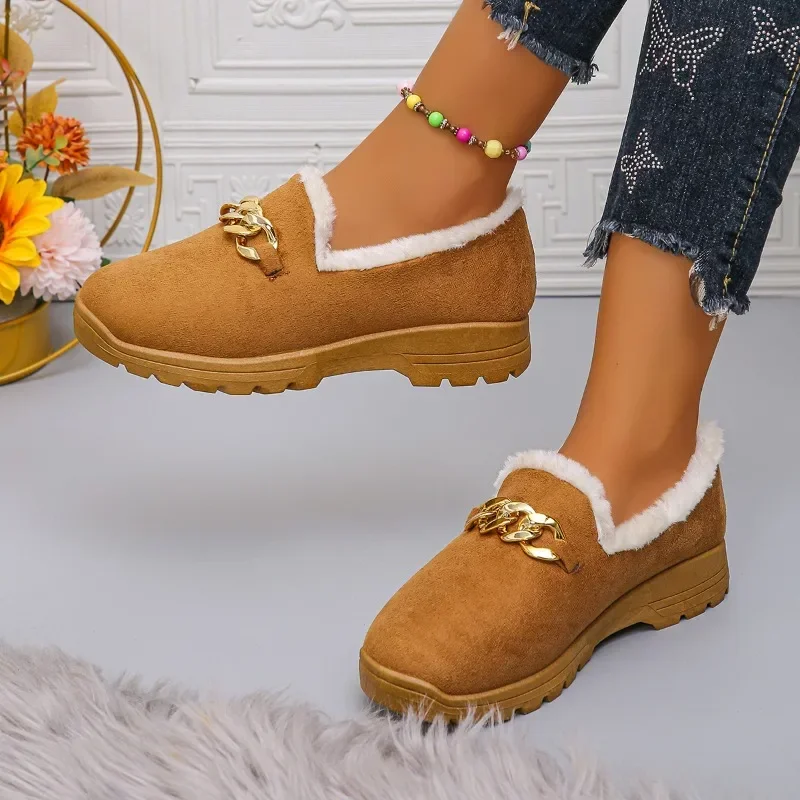 Winter Women Casual Shoes Plush Fur Lining To Keep Warm Winter Cold-proof Shoes One-leg Loafers Outdoor Cotton Shoes Short Boots