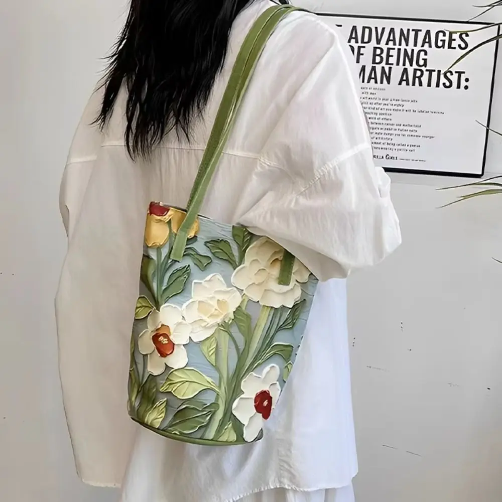 

Сумка-ведро из холщового материала с цветочным узором Универсальный стиль Сумка через плечо большой вместимости Модный цветочный дизайн