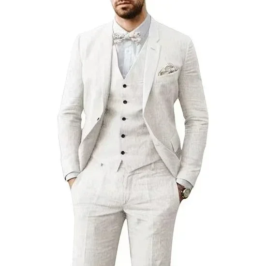 

Men's 3 Piece Summer Linen Suits Lightweight Notched Lapel Blazer Vest And Pant Set Business Evening Beach Tuxedo